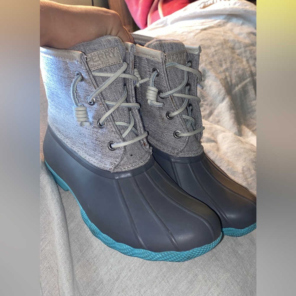 Women’s Sperry Waterproof Rubber Duck Boots gray turquoise